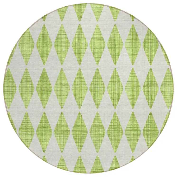 8' Lime Green And Ivory Round Geometric Washable Indoor Outdoor Area Rug