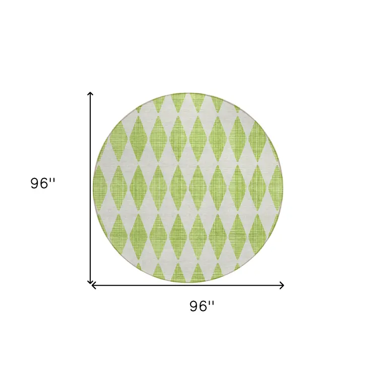 8' Lime Green And Ivory Round Geometric Washable Indoor Outdoor Area Rug