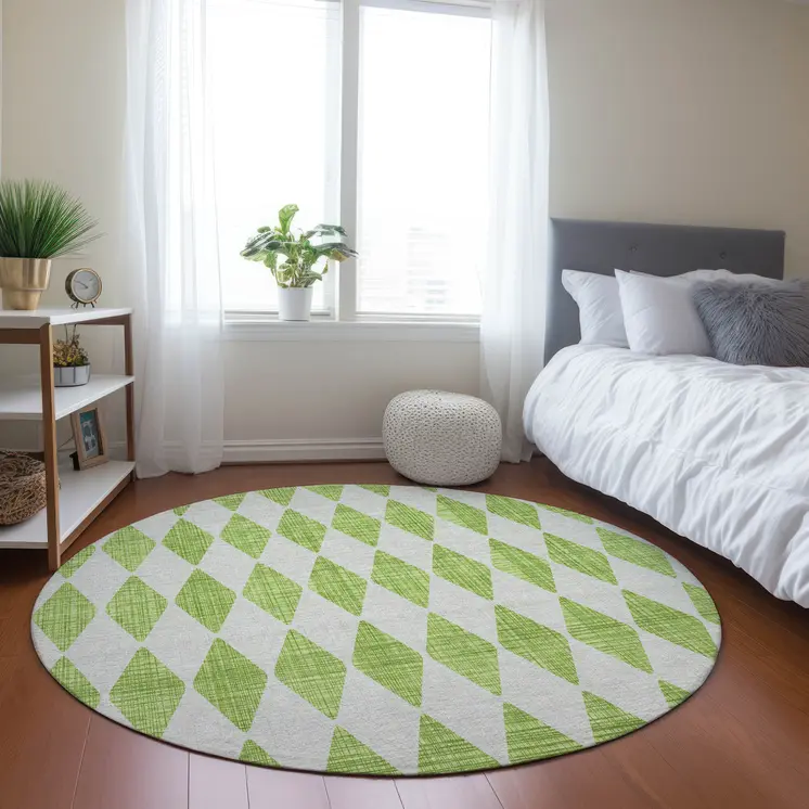 8' Lime Green And Ivory Round Geometric Washable Indoor Outdoor Area Rug