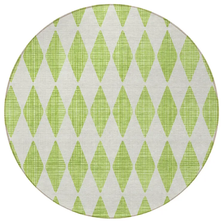 8' Lime Green And Ivory Round Geometric Washable Indoor Outdoor Area Rug