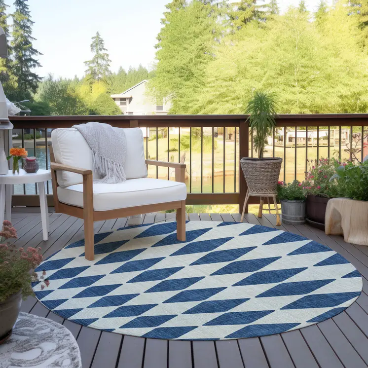 8' Navy Blue And Ivory Round Geometric Washable Indoor Outdoor Area Rug