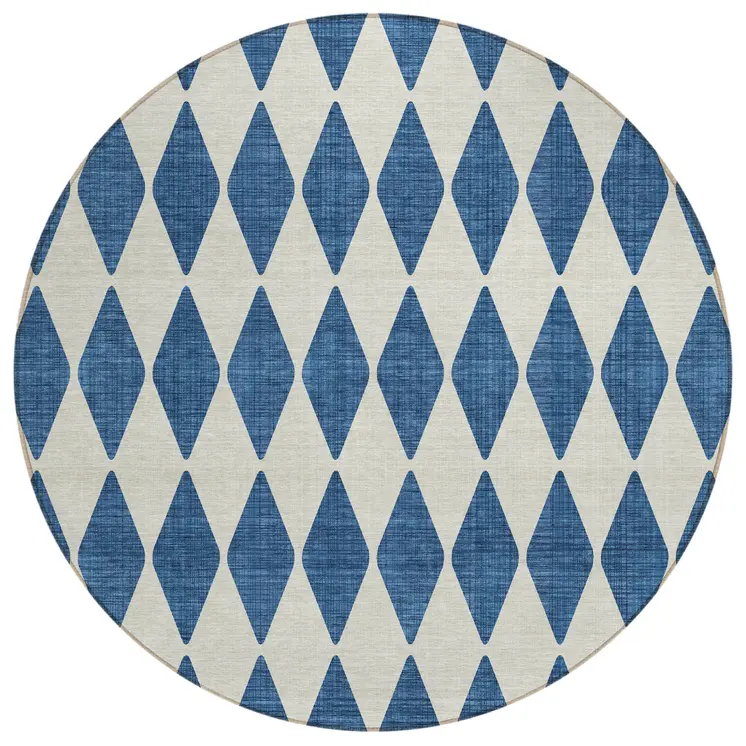 8' Navy Blue And Ivory Round Geometric Washable Indoor Outdoor Area Rug