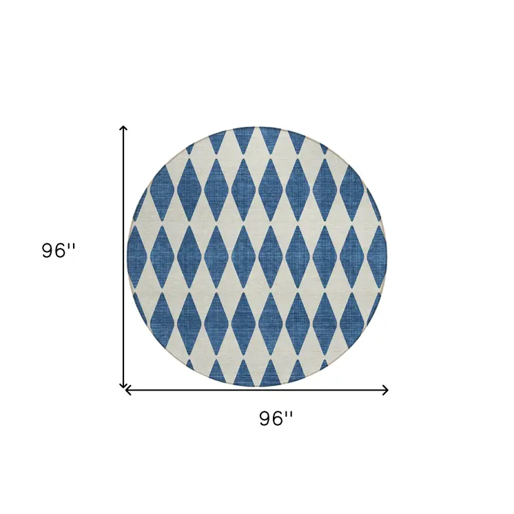 8' Navy Blue And Ivory Round Geometric Washable Indoor Outdoor Area Rug