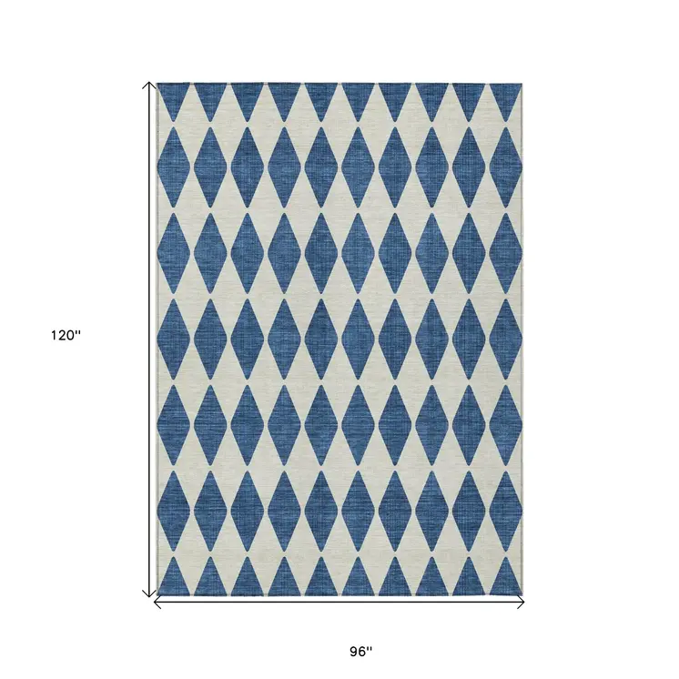 8' X 10' Navy Blue And Ivory Geometric Washable Indoor Outdoor Area Rug