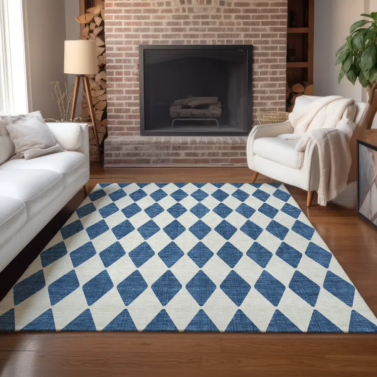8' X 10' Navy Blue And Ivory Geometric Washable Indoor Outdoor Area Rug