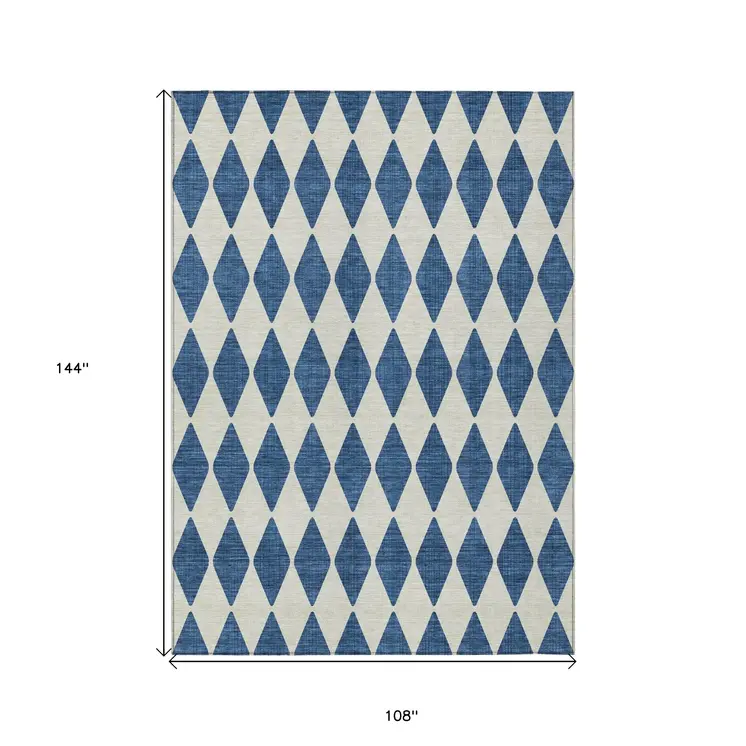 9' X 12' Navy Blue And Ivory Geometric Washable Indoor Outdoor Area Rug