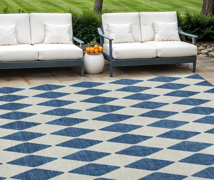 10' X 14' Navy Blue And Ivory Geometric Washable Indoor Outdoor Area Rug