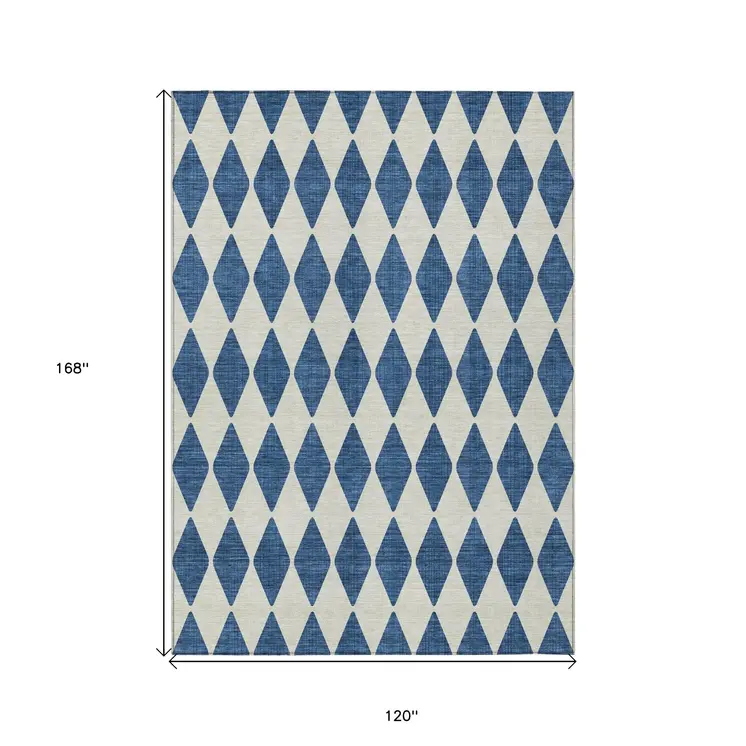 10' X 14' Navy Blue And Ivory Geometric Washable Indoor Outdoor Area Rug