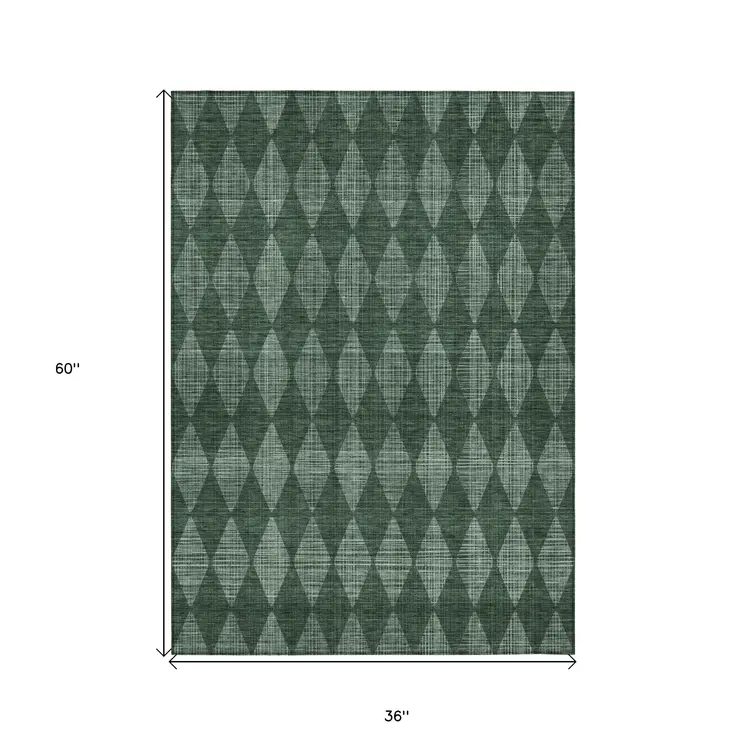 3' X 5' Olive Green And Charcoal Geometric Washable Indoor Outdoor Area Rug
