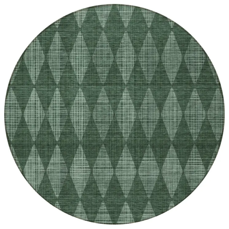 8' Olive Green And Charcoal Round Geometric Washable Indoor Outdoor Area Rug