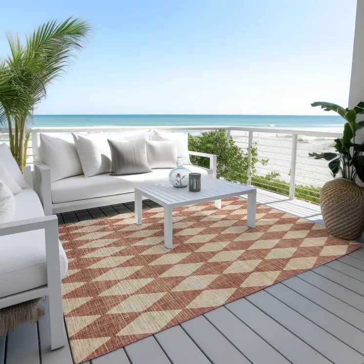 5' X 8' Orange And Copper Geometric Washable Indoor Outdoor Area Rug