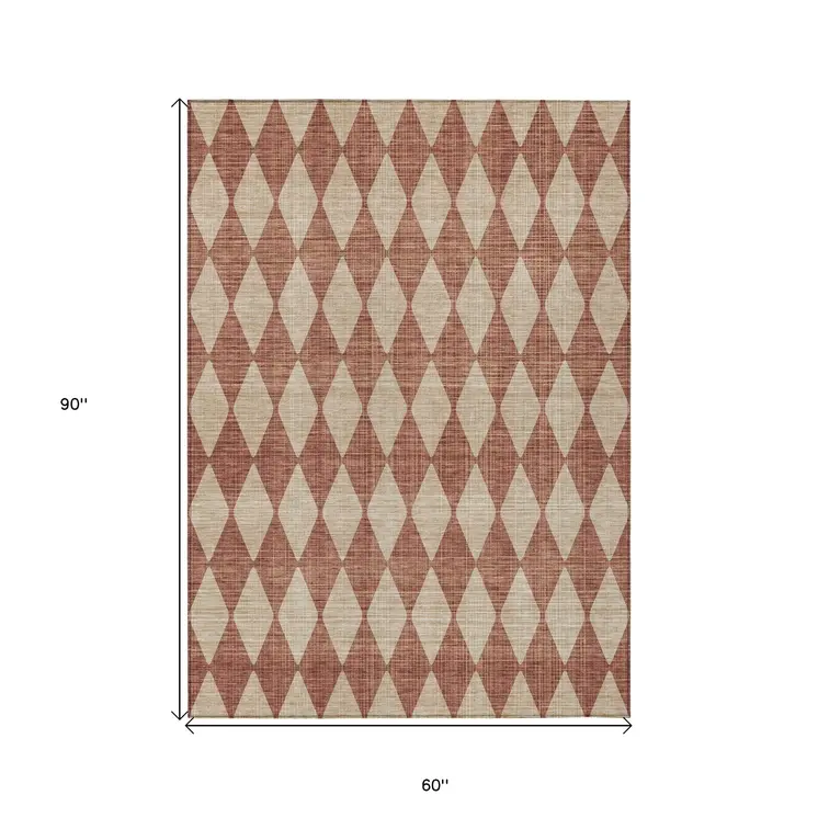 5' X 8' Orange And Copper Geometric Washable Indoor Outdoor Area Rug
