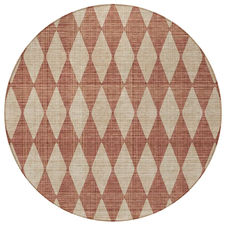 8' Orange And Copper Round Geometric Washable Indoor Outdoor Area Rug