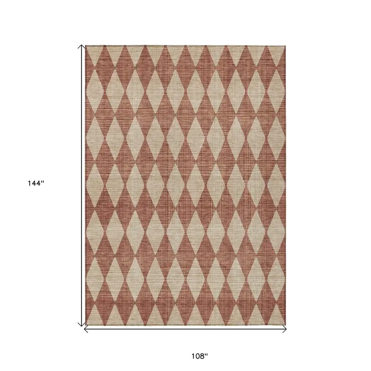 9' X 12' Orange And Copper Geometric Washable Indoor Outdoor Area Rug
