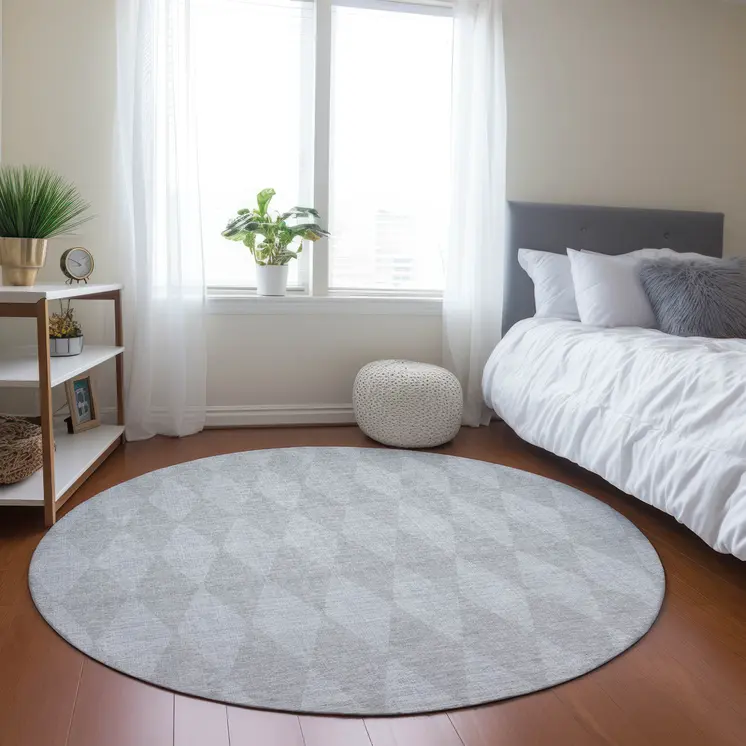 8' Pewter And Silver Round Geometric Washable Indoor Outdoor Area Rug