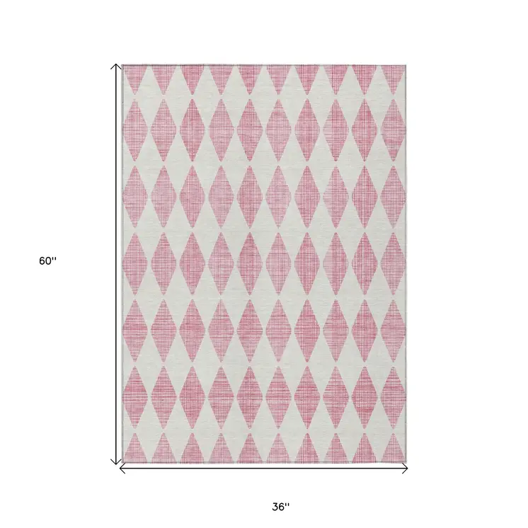 3' X 5' Pink And Ivory Geometric Washable Indoor Outdoor Area Rug