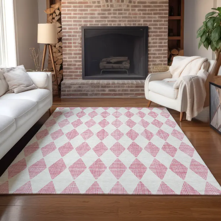 3' X 5' Pink And Ivory Geometric Washable Indoor Outdoor Area Rug
