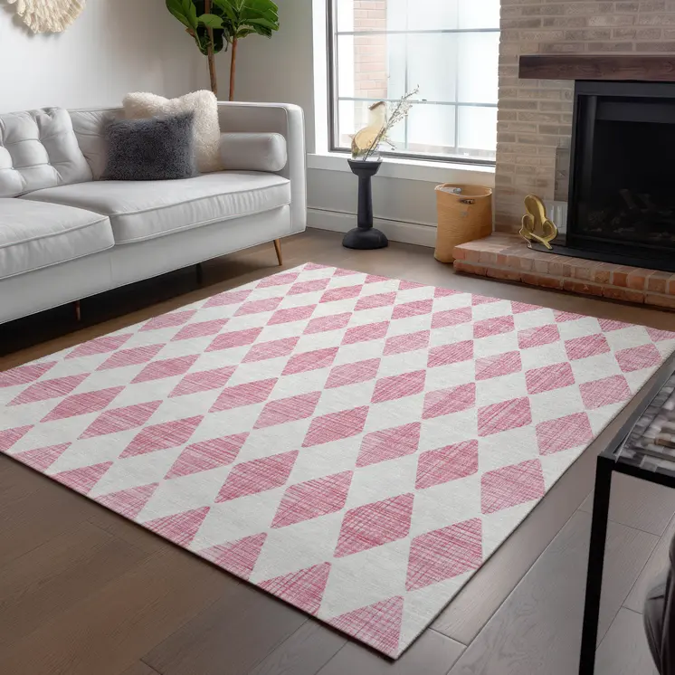 3' X 5' Pink And Ivory Geometric Washable Indoor Outdoor Area Rug