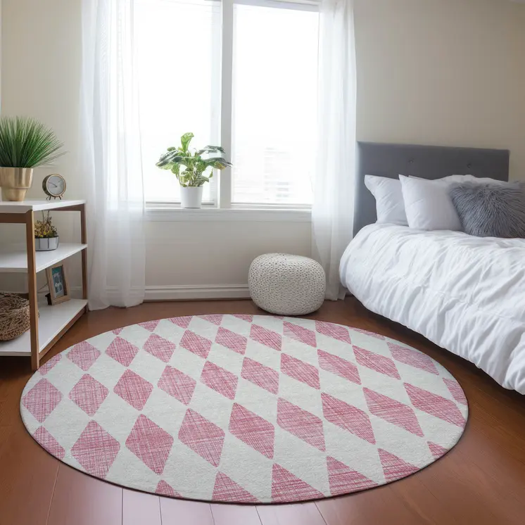 8' Pink And Ivory Round Geometric Washable Indoor Outdoor Area Rug