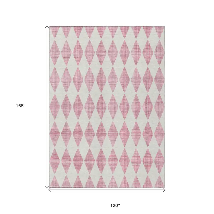 10' X 14' Pink And Ivory Geometric Washable Indoor Outdoor Area Rug