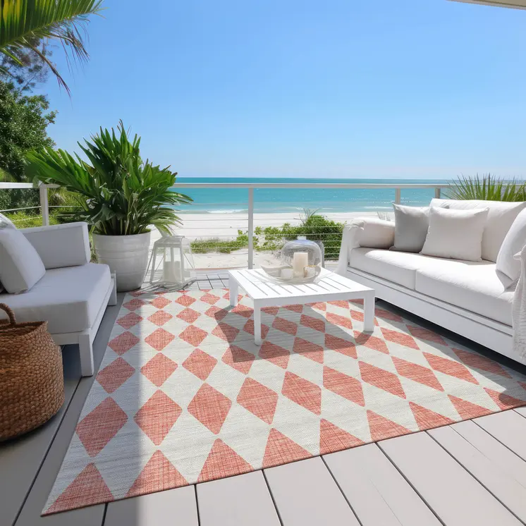 3' X 5' Salmon And Ivory Geometric Washable Indoor Outdoor Area Rug