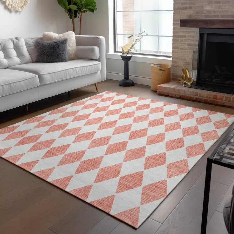 3' X 5' Salmon And Ivory Geometric Washable Indoor Outdoor Area Rug