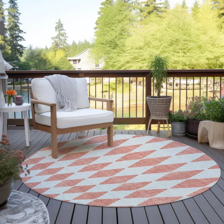 8' Salmon And Ivory Round Geometric Washable Indoor Outdoor Area Rug
