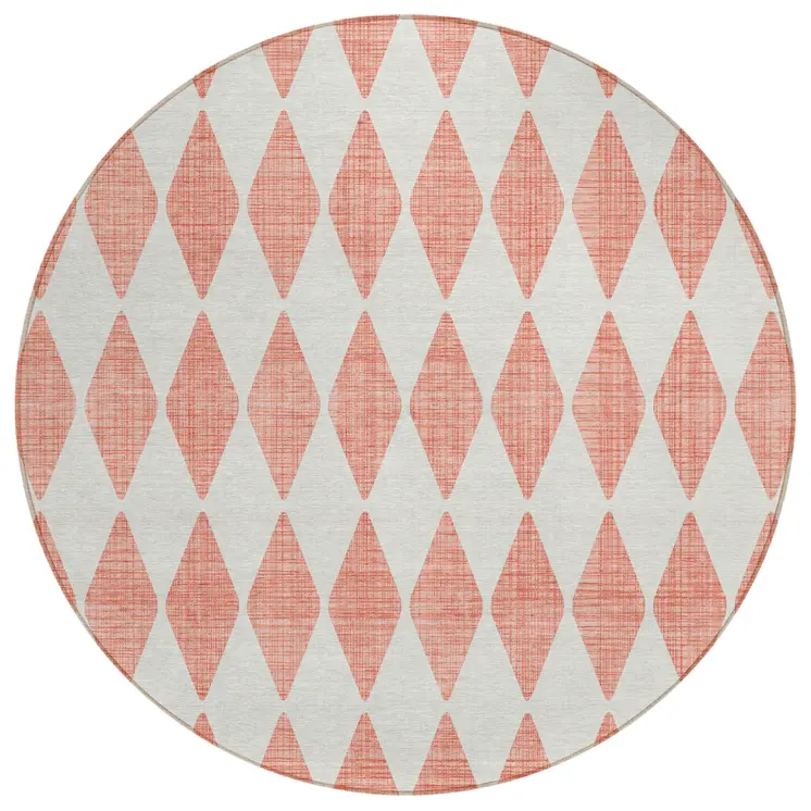 8' Salmon And Ivory Round Geometric Washable Indoor Outdoor Area Rug
