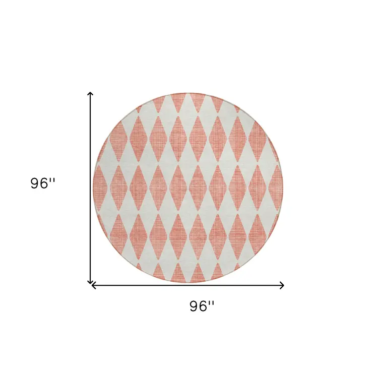 8' Salmon And Ivory Round Geometric Washable Indoor Outdoor Area Rug