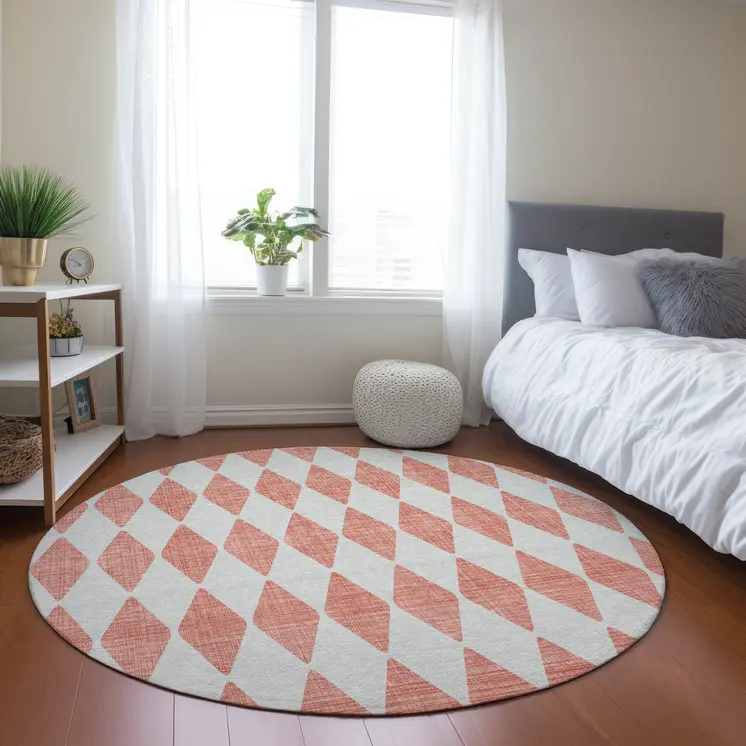 8' Salmon And Ivory Round Geometric Washable Indoor Outdoor Area Rug