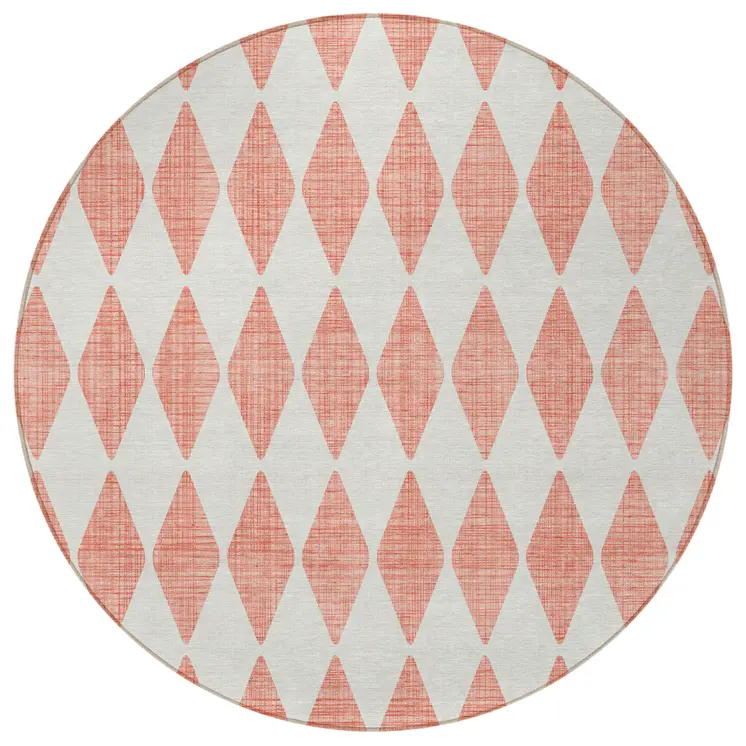 8' Salmon And Ivory Round Geometric Washable Indoor Outdoor Area Rug