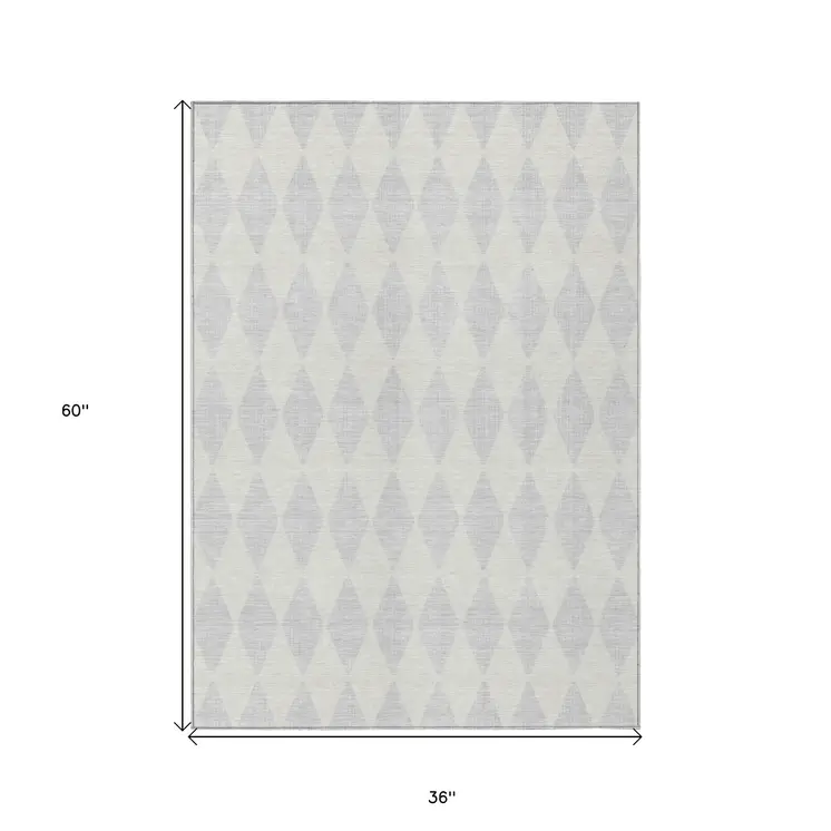 3' X 5' Silver And Ivory Geometric Washable Indoor Outdoor Area Rug