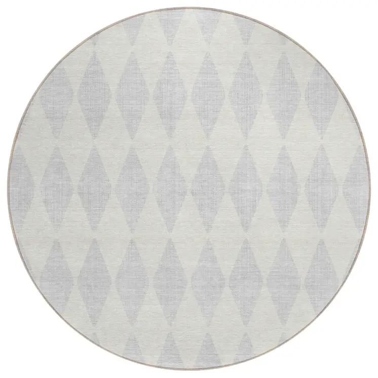 8' Silver And Ivory Round Geometric Washable Indoor Outdoor Area Rug