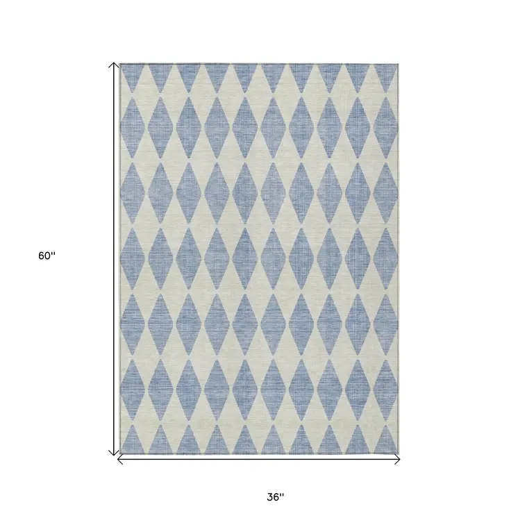 3' X 5' Sky Blue And Ivory Geometric Washable Indoor Outdoor Area Rug