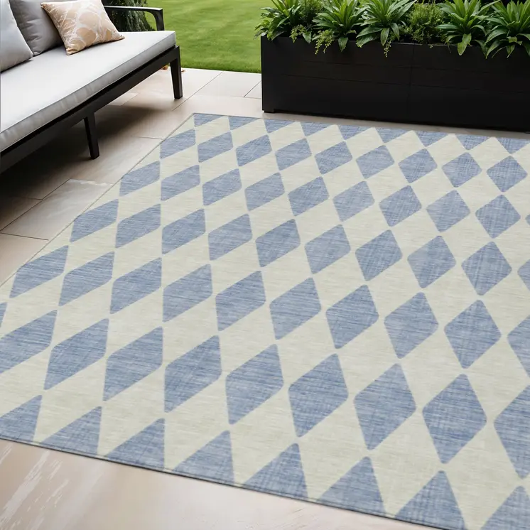 5' X 8' Sky Blue And Ivory Geometric Washable Indoor Outdoor Area Rug