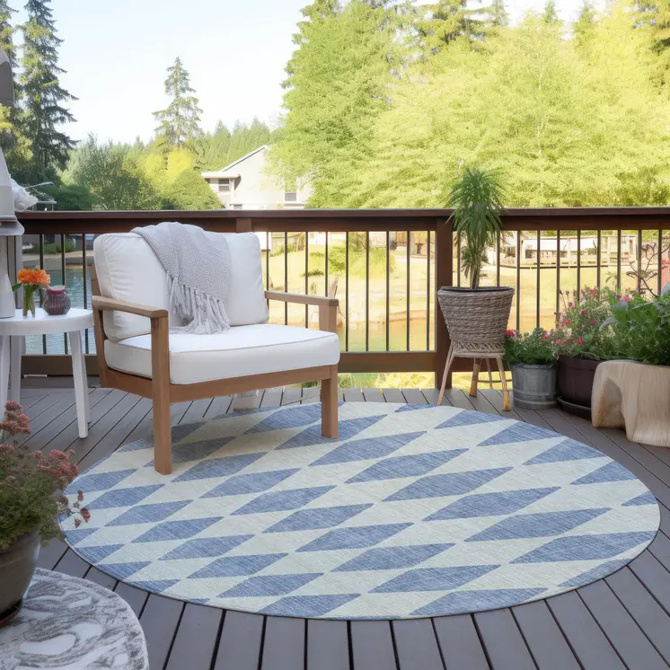 8' Sky Blue And Ivory Round Geometric Washable Indoor Outdoor Area Rug