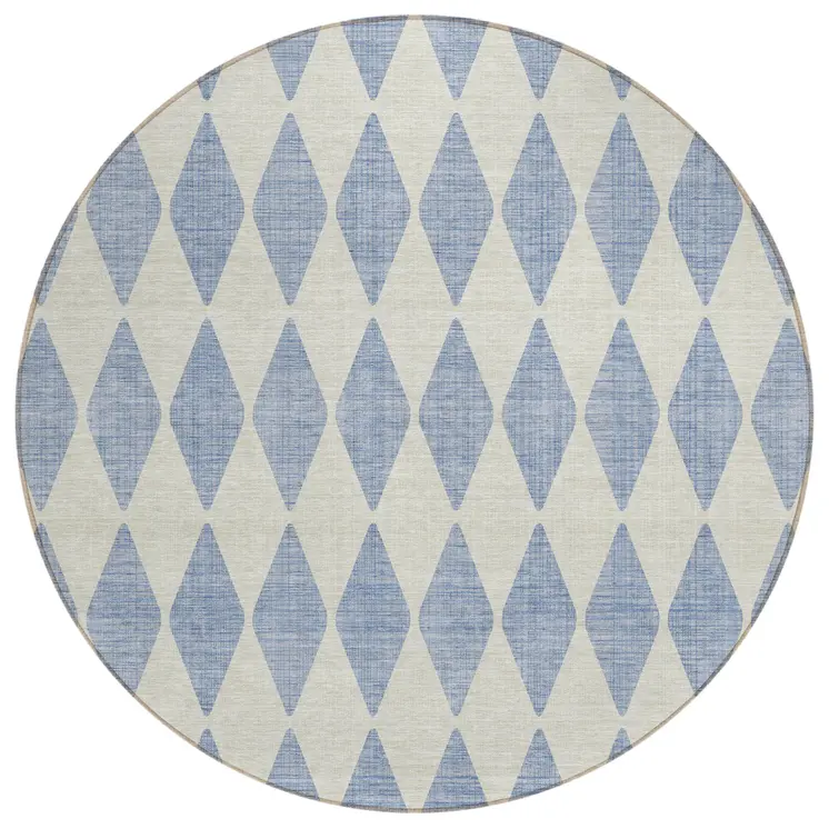 8' Sky Blue And Ivory Round Geometric Washable Indoor Outdoor Area Rug