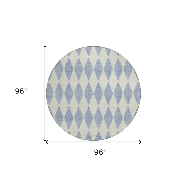 8' Sky Blue And Ivory Round Geometric Washable Indoor Outdoor Area Rug