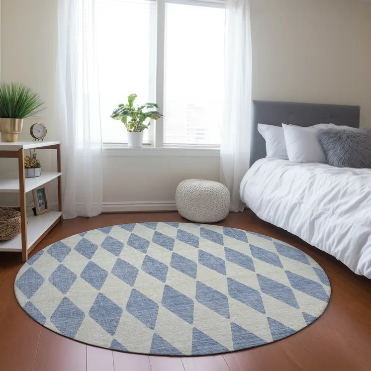 8' Sky Blue And Ivory Round Geometric Washable Indoor Outdoor Area Rug