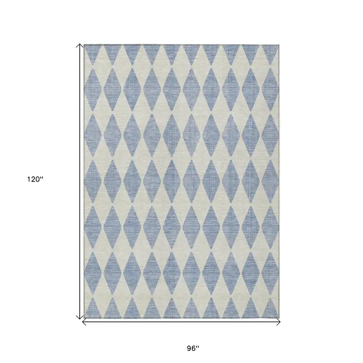 8' X 10' Sky Blue And Ivory Geometric Washable Indoor Outdoor Area Rug
