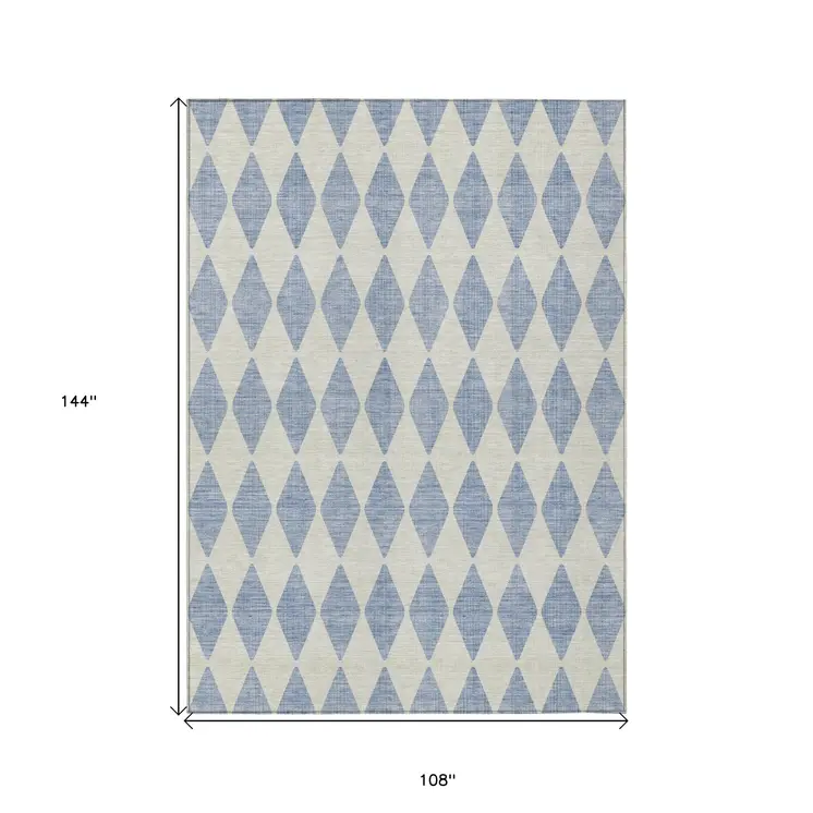 9' X 12' Sky Blue And Ivory Geometric Washable Indoor Outdoor Area Rug
