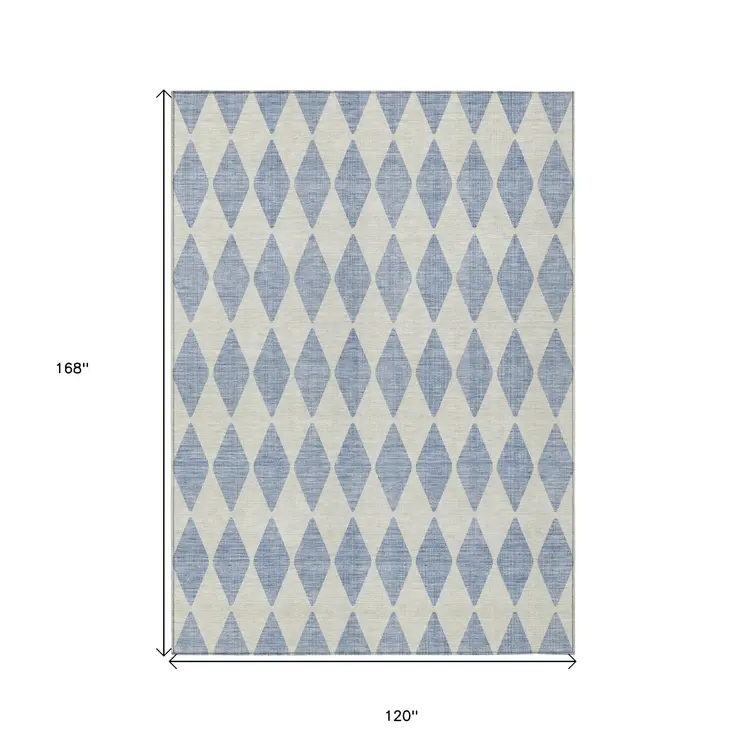 10' X 14' Sky Blue And Ivory Geometric Washable Indoor Outdoor Area Rug