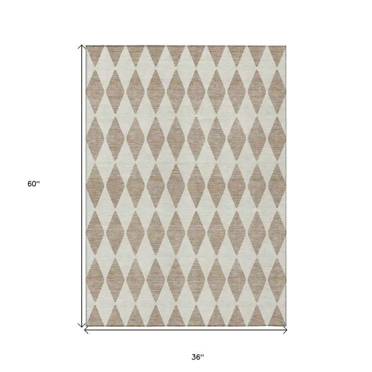 3' X 5' Taupe And Ivory Geometric Washable Indoor Outdoor Area Rug
