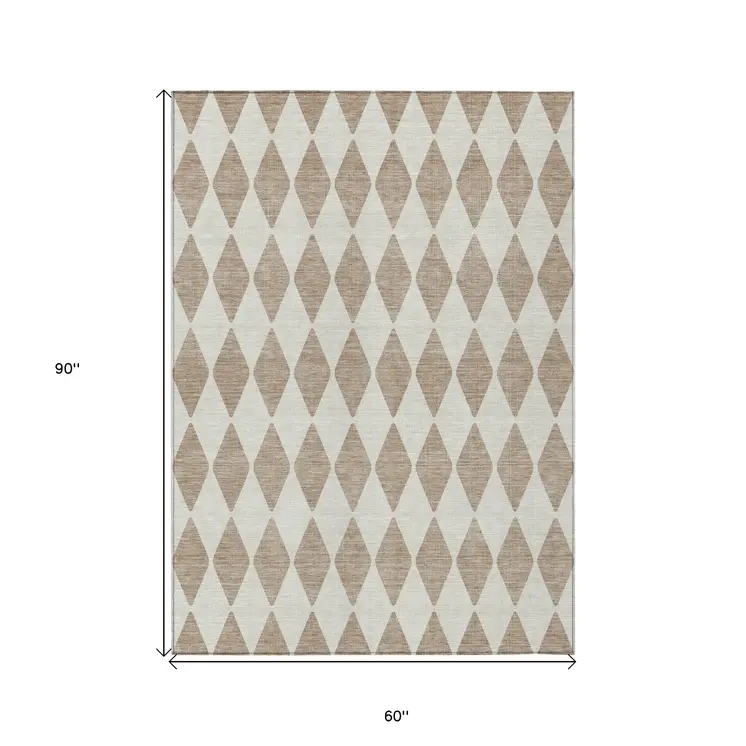 5' X 8' Taupe And Ivory Geometric Washable Indoor Outdoor Area Rug
