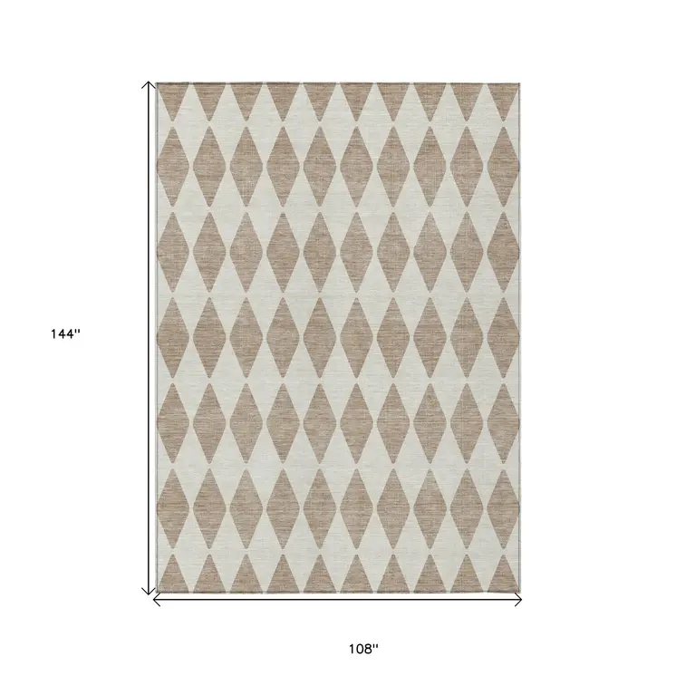 9' X 12' Taupe And Ivory Geometric Washable Indoor Outdoor Area Rug
