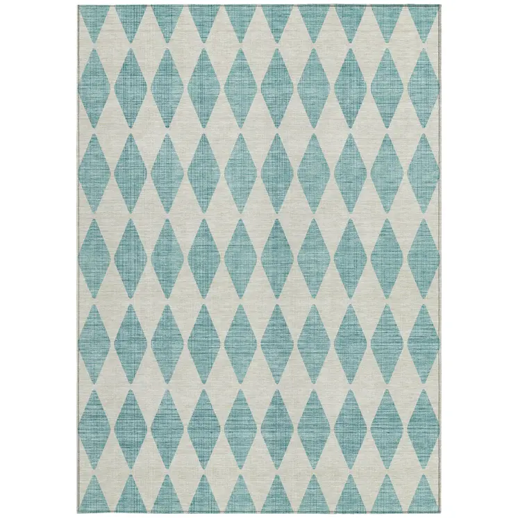 3' X 5' Teal Blue And Ivory Geometric Washable Indoor Outdoor Area Rug