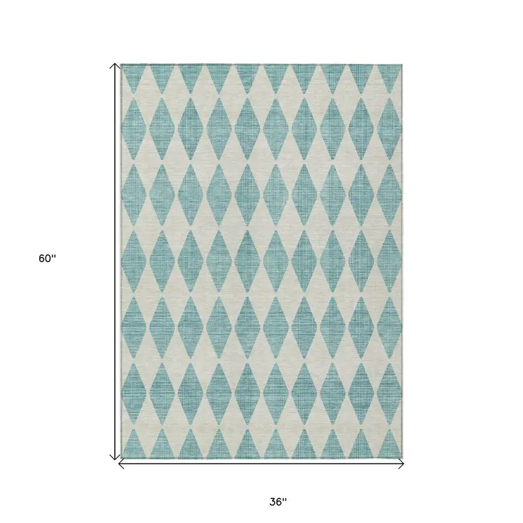 3' X 5' Teal Blue And Ivory Geometric Washable Indoor Outdoor Area Rug