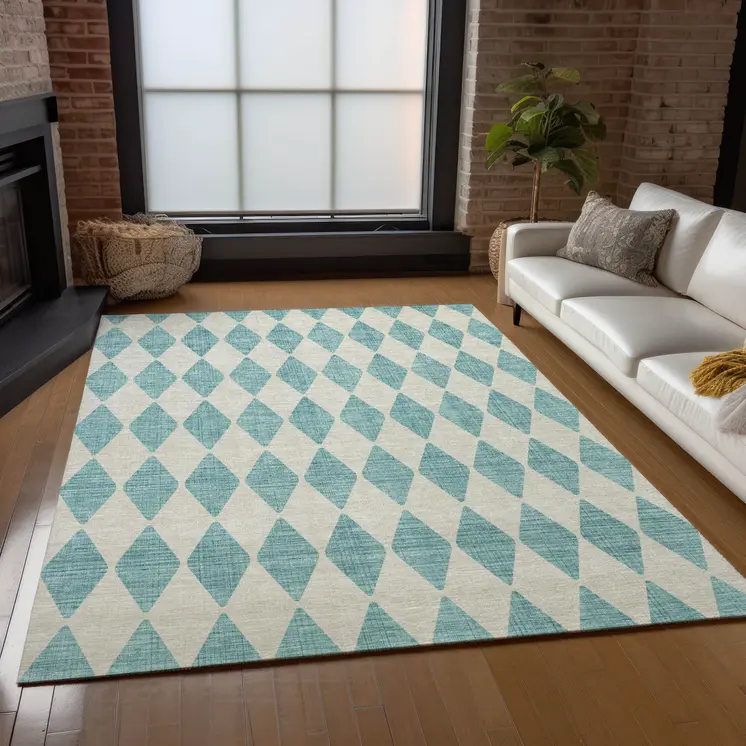 3' X 5' Teal Blue And Ivory Geometric Washable Indoor Outdoor Area Rug