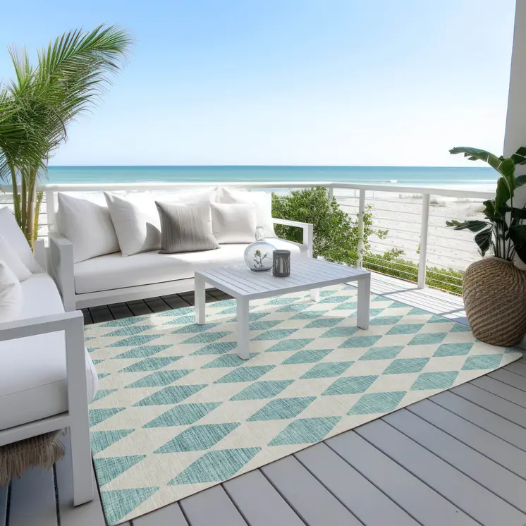 3' X 5' Teal Blue And Ivory Geometric Washable Indoor Outdoor Area Rug