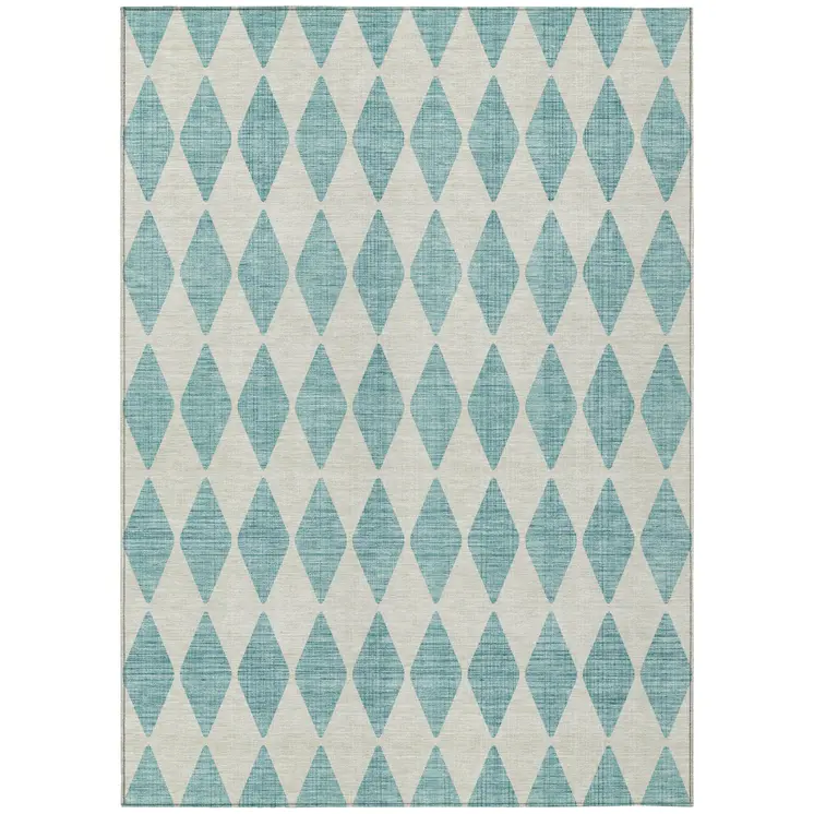 5' X 8' Teal Blue And Ivory Geometric Washable Indoor Outdoor Area Rug